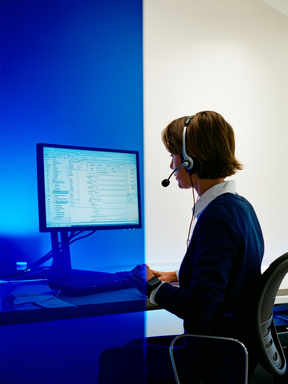 Medewerker met headset kijkt naar een volle e-mailinbox